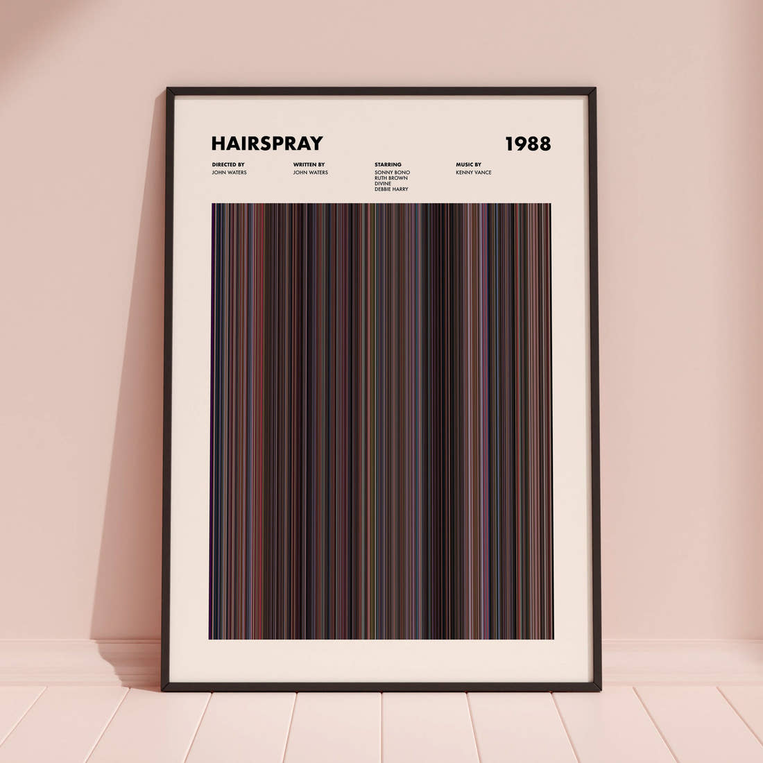 Hairspray 1988 Movie Barcode Poster framed and leaning against a coloured wall