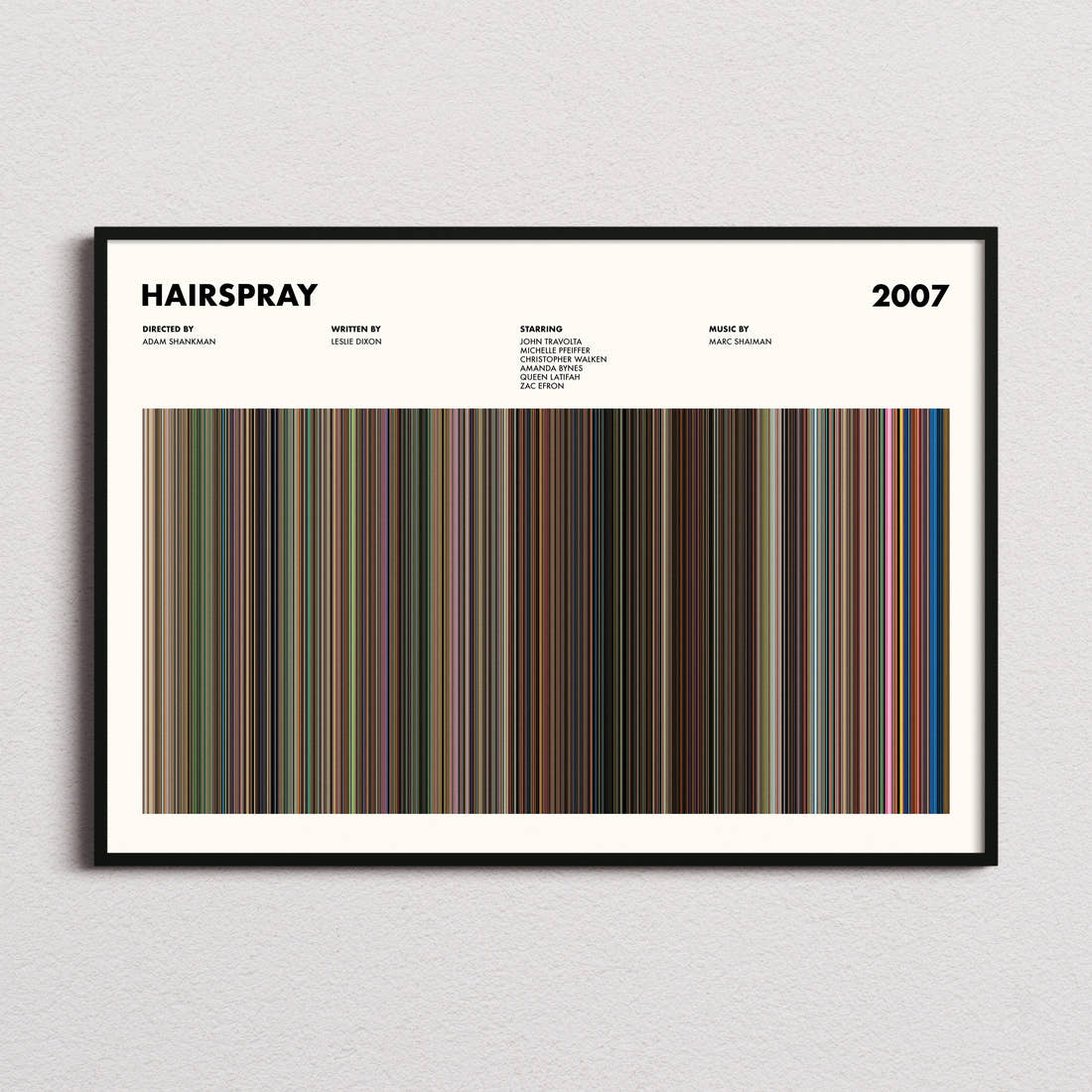 Hairspray 2007 Movie Barcode Poster framed and photographed straight on