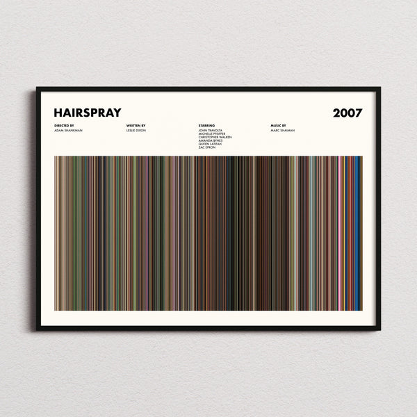 Hairspray 2007 Movie Barcode Poster framed and photographed straight on