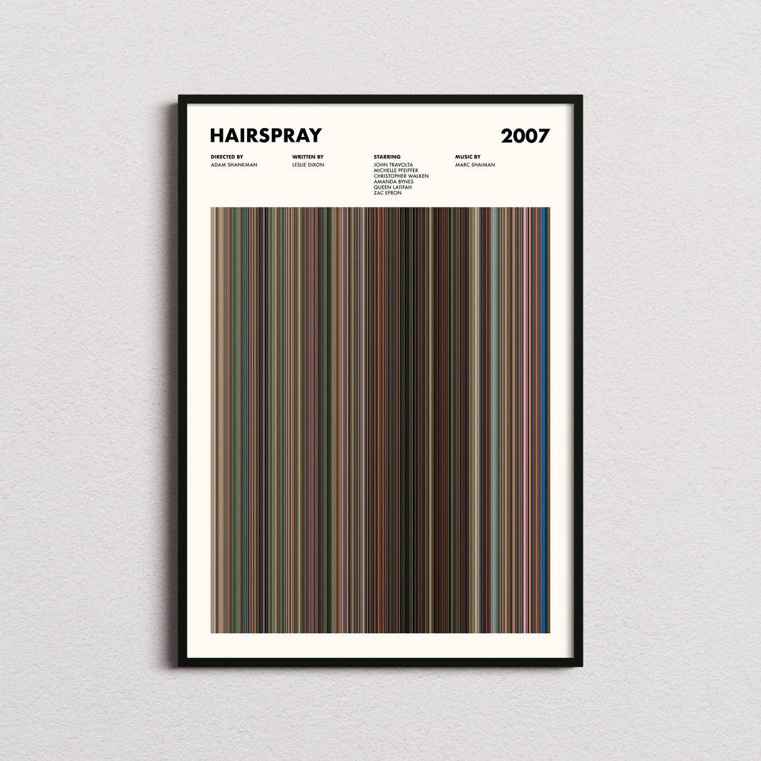 Hairspray 2007 Movie Barcode Poster framed on a plain studio wall