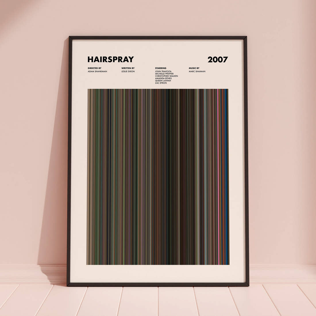 Hairspray 2007 Movie Barcode Poster framed and leaning against a coloured wall