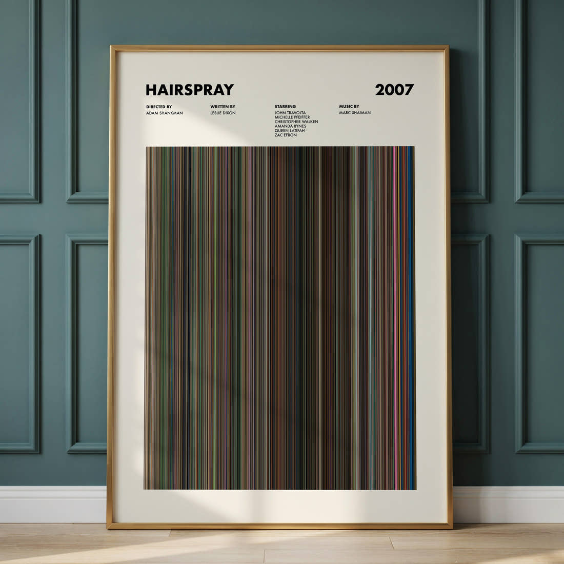 Hairspray 2007 Movie Barcode Poster framed and leaning against a panelled wall