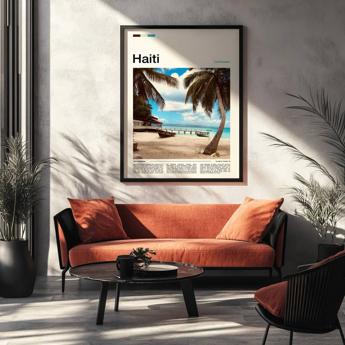 Haiti Palm-Fringed Beach Pier Travel Print framed on the wall of a modern living room