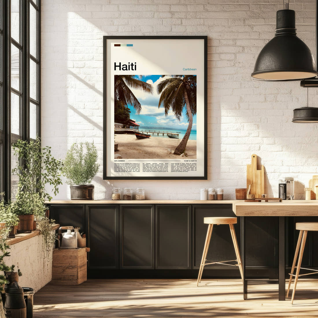 Haiti Palm-Fringed Beach Pier Travel Print framed on the wall of a bright kitchen and dining space