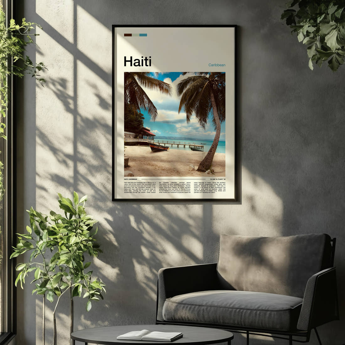Haiti Palm-Fringed Beach Pier Travel Print framed on the wall of a relaxed living room