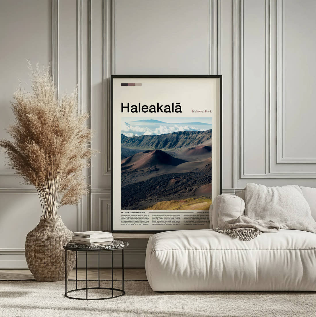 Haleakala Volcanic Crater Travel Print framed on the wall of a calm, neutral bedroom
