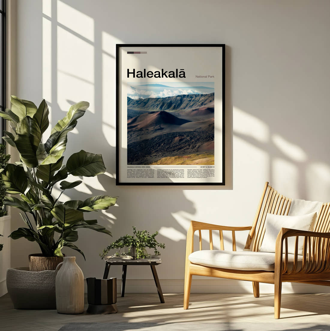 Haleakala Volcanic Crater Travel Print framed on a pale wall beside houseplants