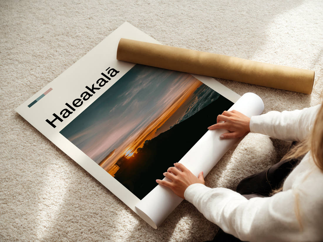 Haleakala Sunrise Above The Clouds Travel Print being unrolled from its postal tube