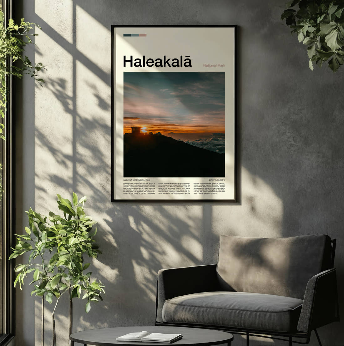Haleakala Sunrise Above The Clouds Travel Print framed on the wall of a relaxed living room