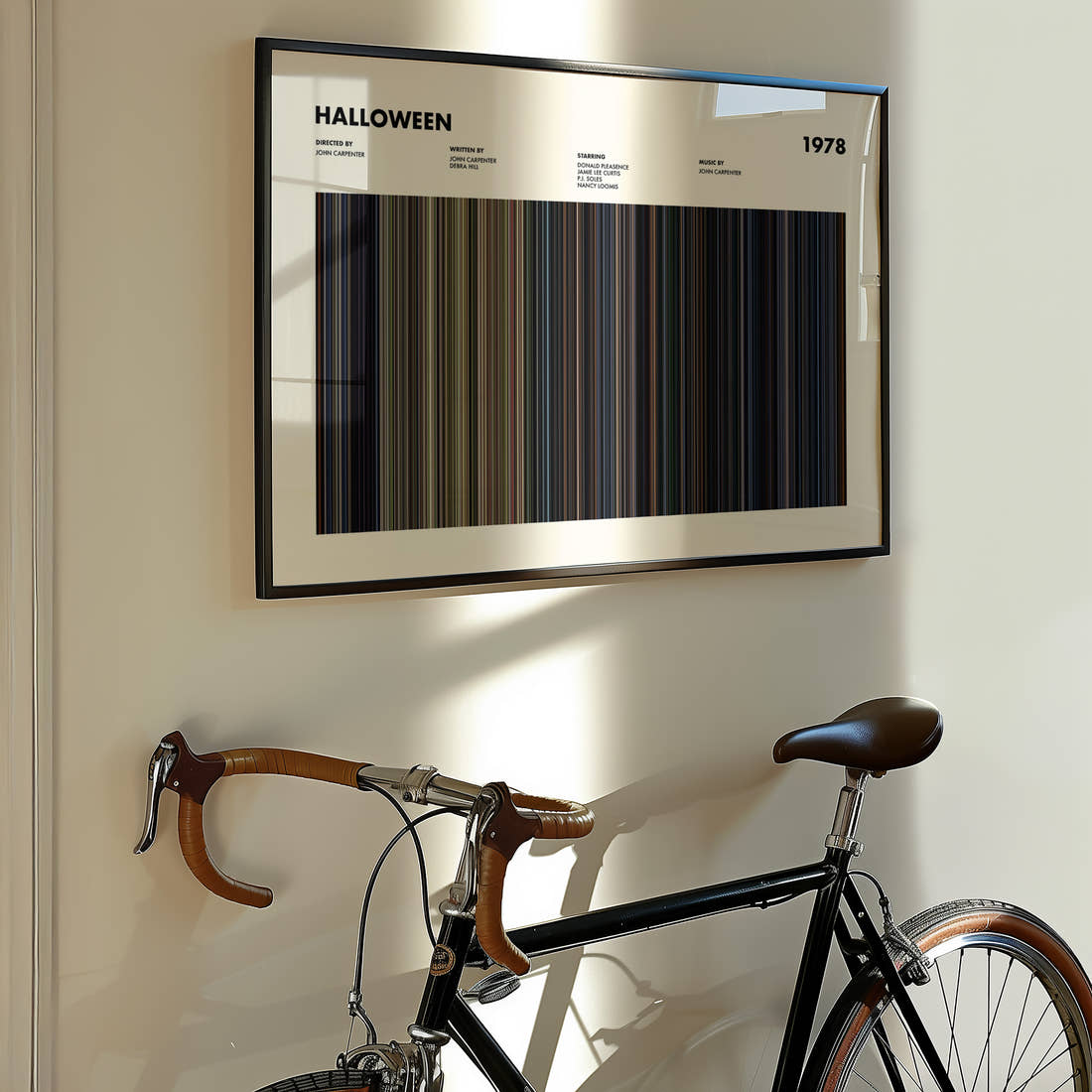 Halloween Movie Barcode Poster framed on the wall of a styled room setting