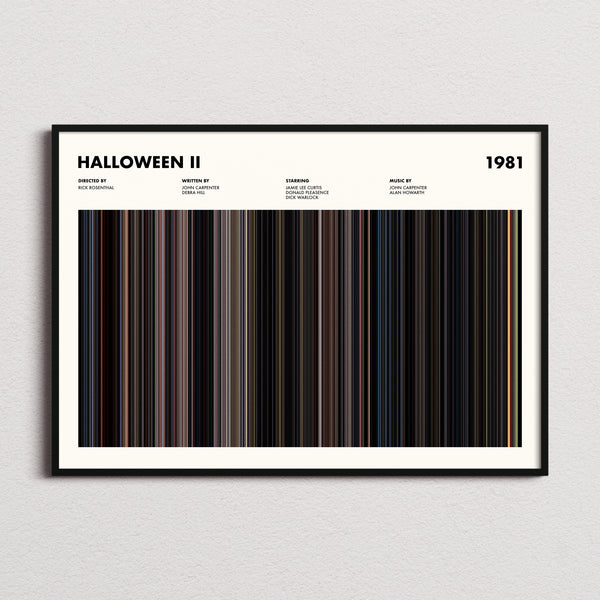 Halloween II Movie Barcode Poster framed and photographed straight on
