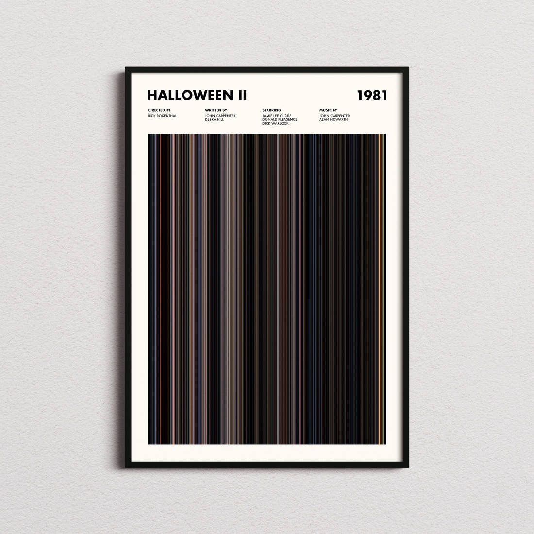 Halloween II Movie Barcode Poster framed on a plain studio wall