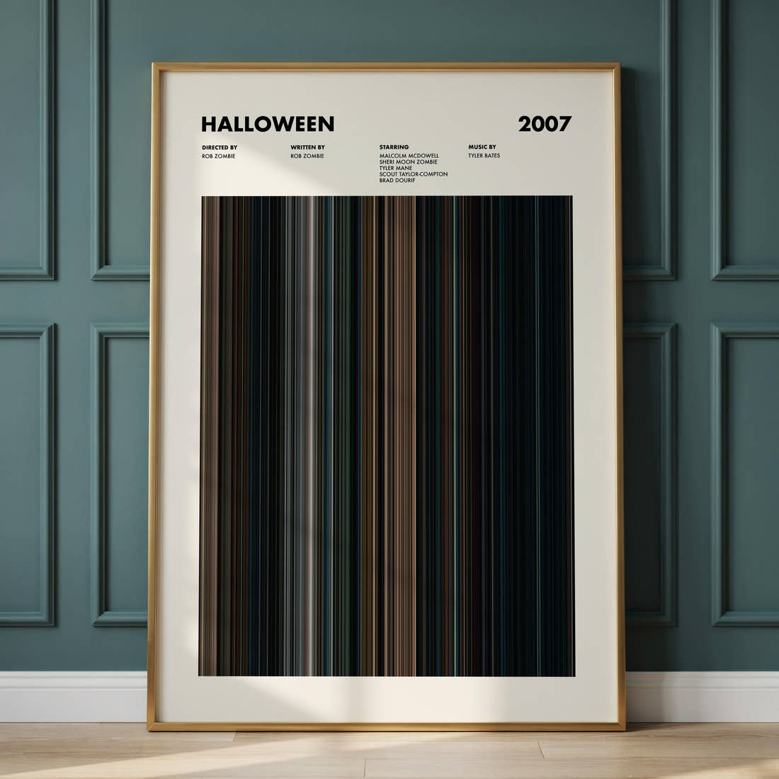 Halloween (2007) Movie Barcode Poster framed and leaning against a panelled wall
