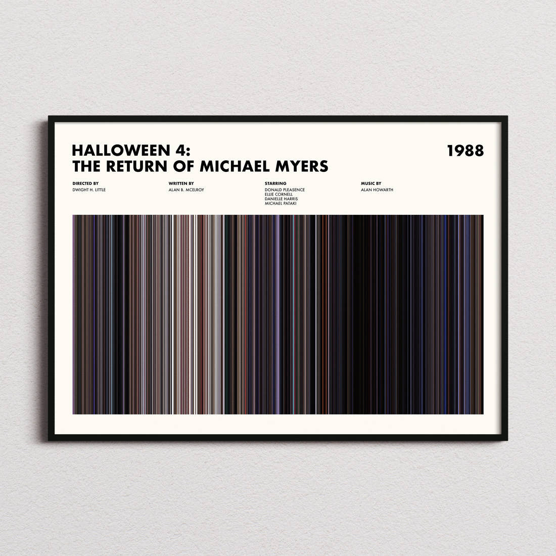 Halloween 4 Movie Barcode Poster framed and photographed straight on