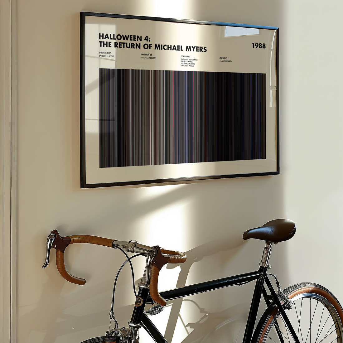 Halloween 4 Movie Barcode Poster framed on the wall of a styled room setting