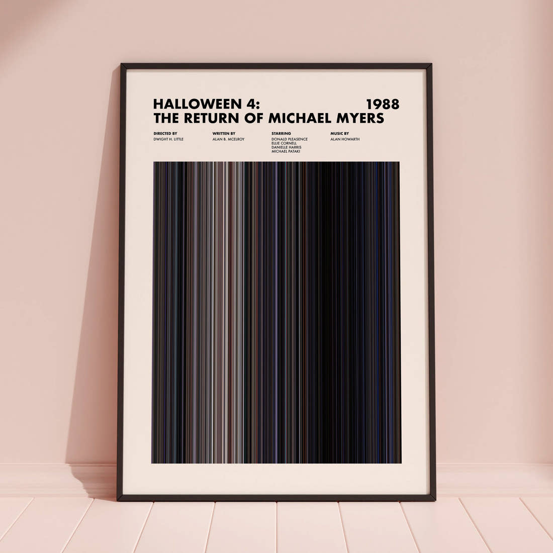 Halloween 4 Movie Barcode Poster framed and leaning against a coloured wall