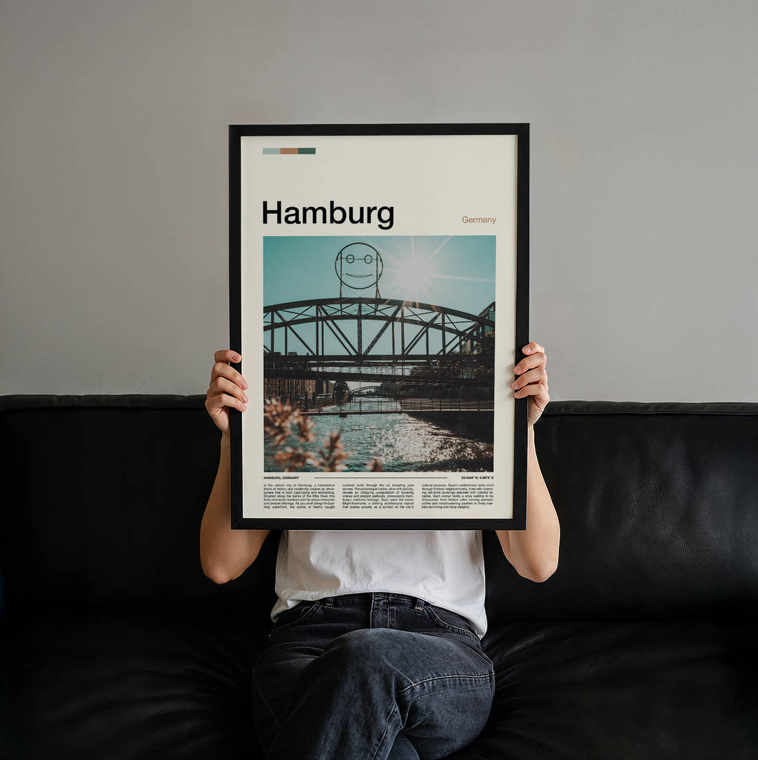 Hamburg Bridge With Smiley Face Travel Print held up by hand to show the size of the print