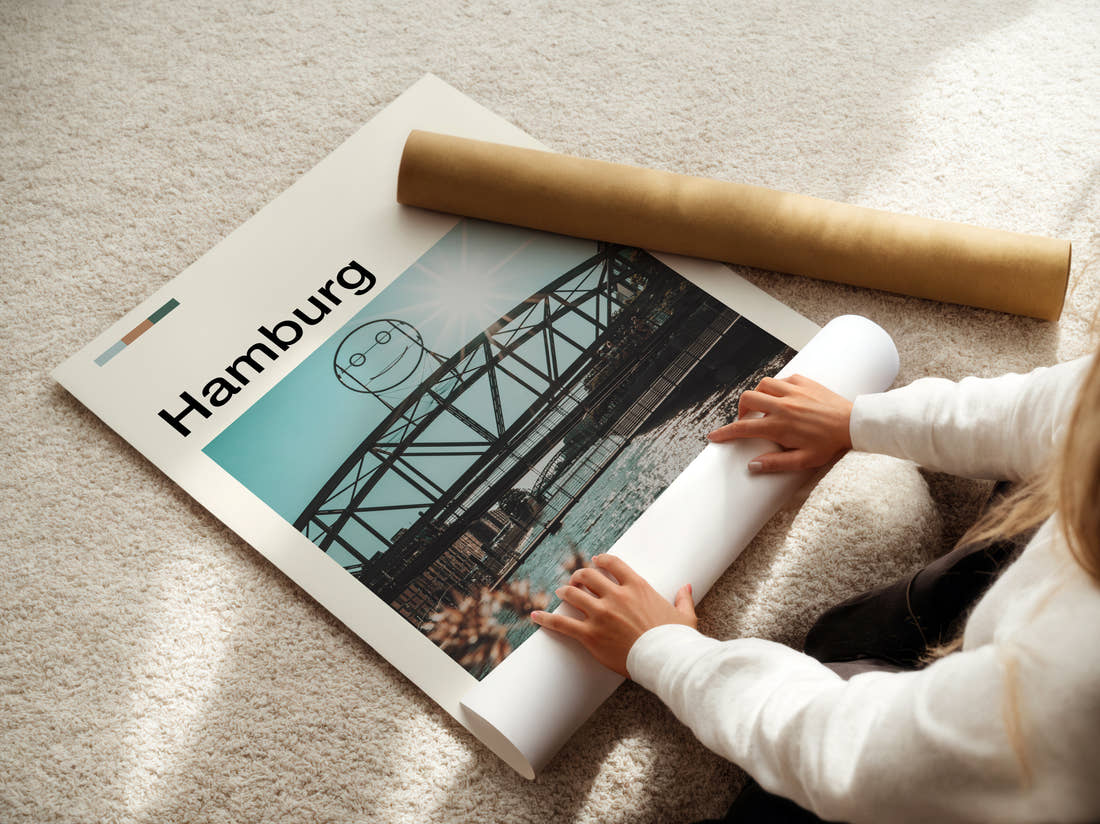 Hamburg Bridge With Smiley Face Travel Print being unrolled from its postal tube