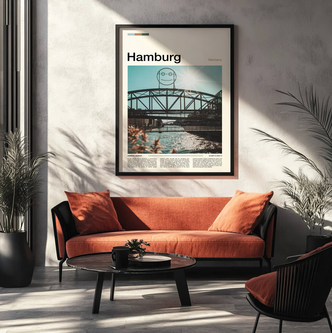 Hamburg Bridge With Smiley Face Travel Print framed on the wall of a modern living room
