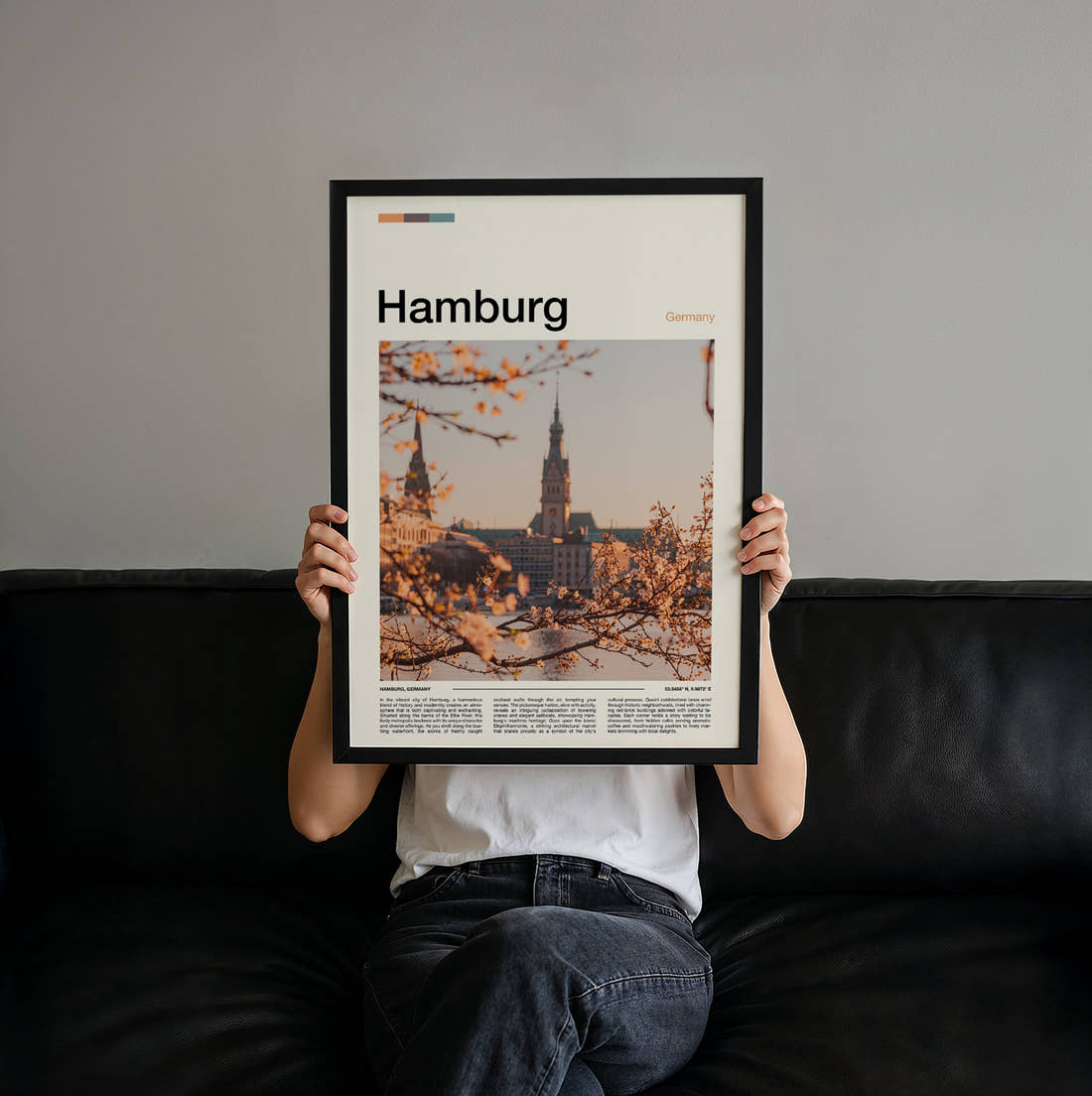 Hamburg Blossom And Church Spires Travel Print held up by hand to show the size of the print