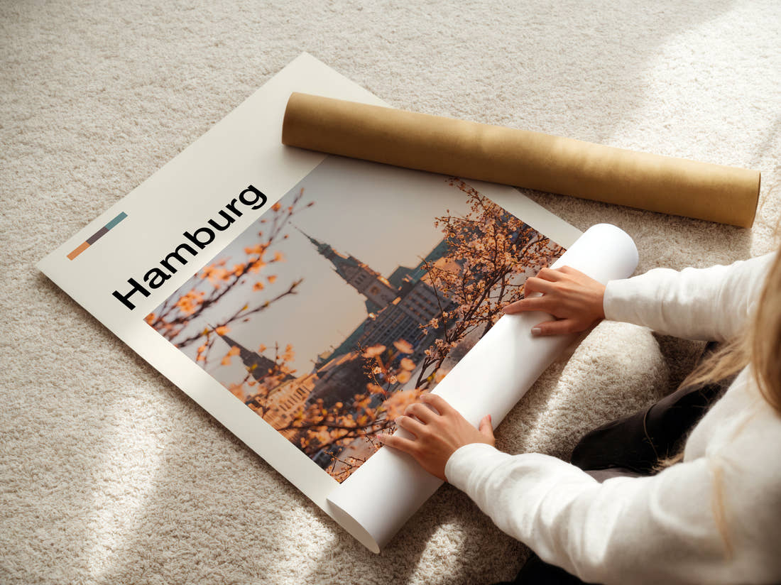 Hamburg Blossom And Church Spires Travel Print being unrolled from its postal tube