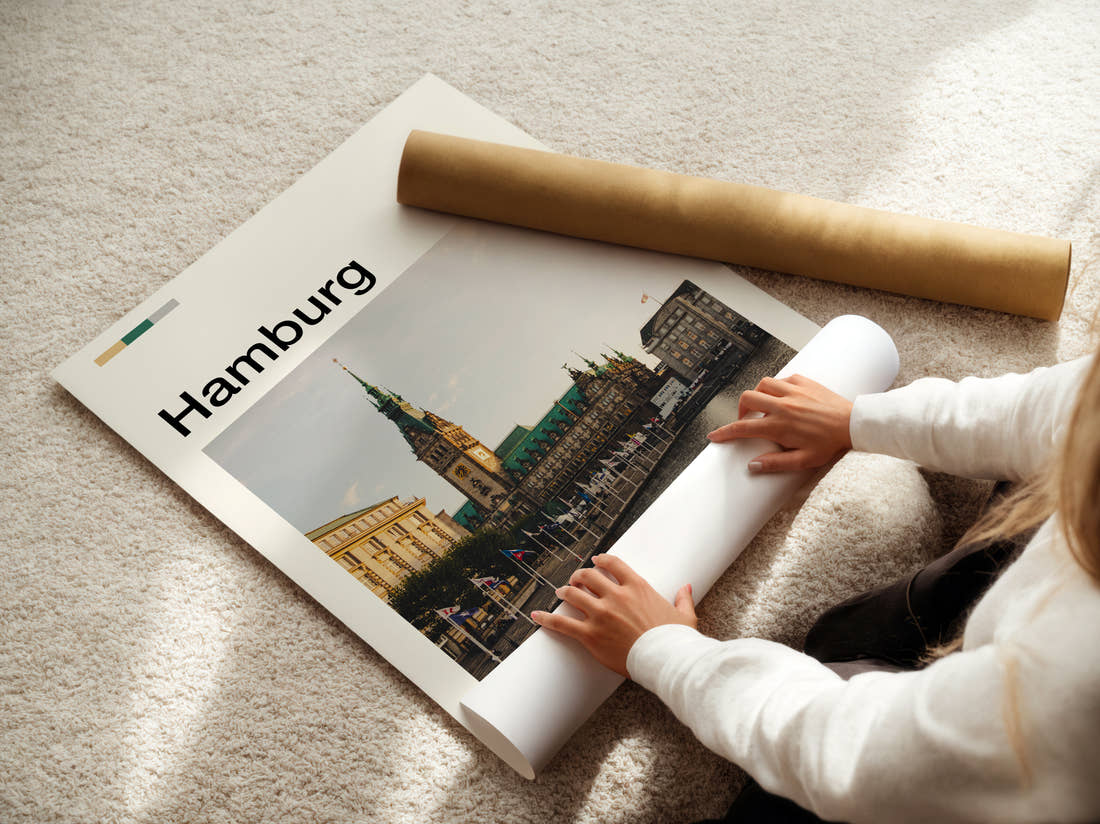 Hamburg Town Hall Travel Print being unrolled from its postal tube