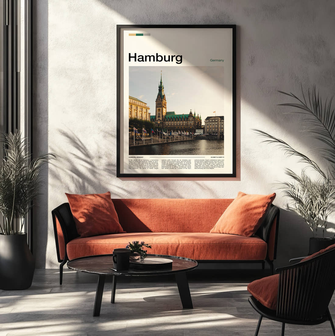Hamburg Town Hall Travel Print framed on the wall of a modern living room