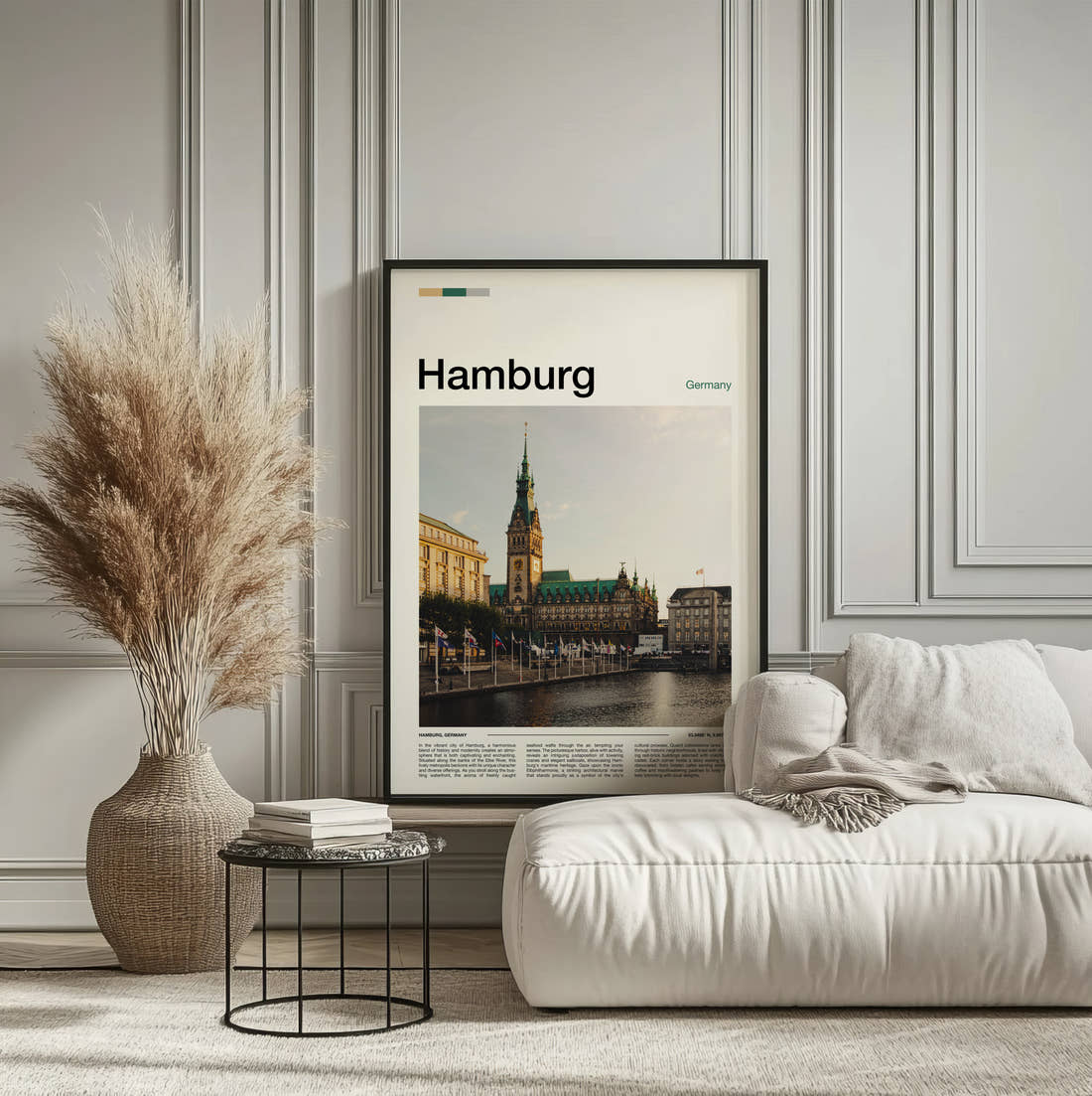 Hamburg Town Hall Travel Print framed on the wall of a calm, neutral bedroom