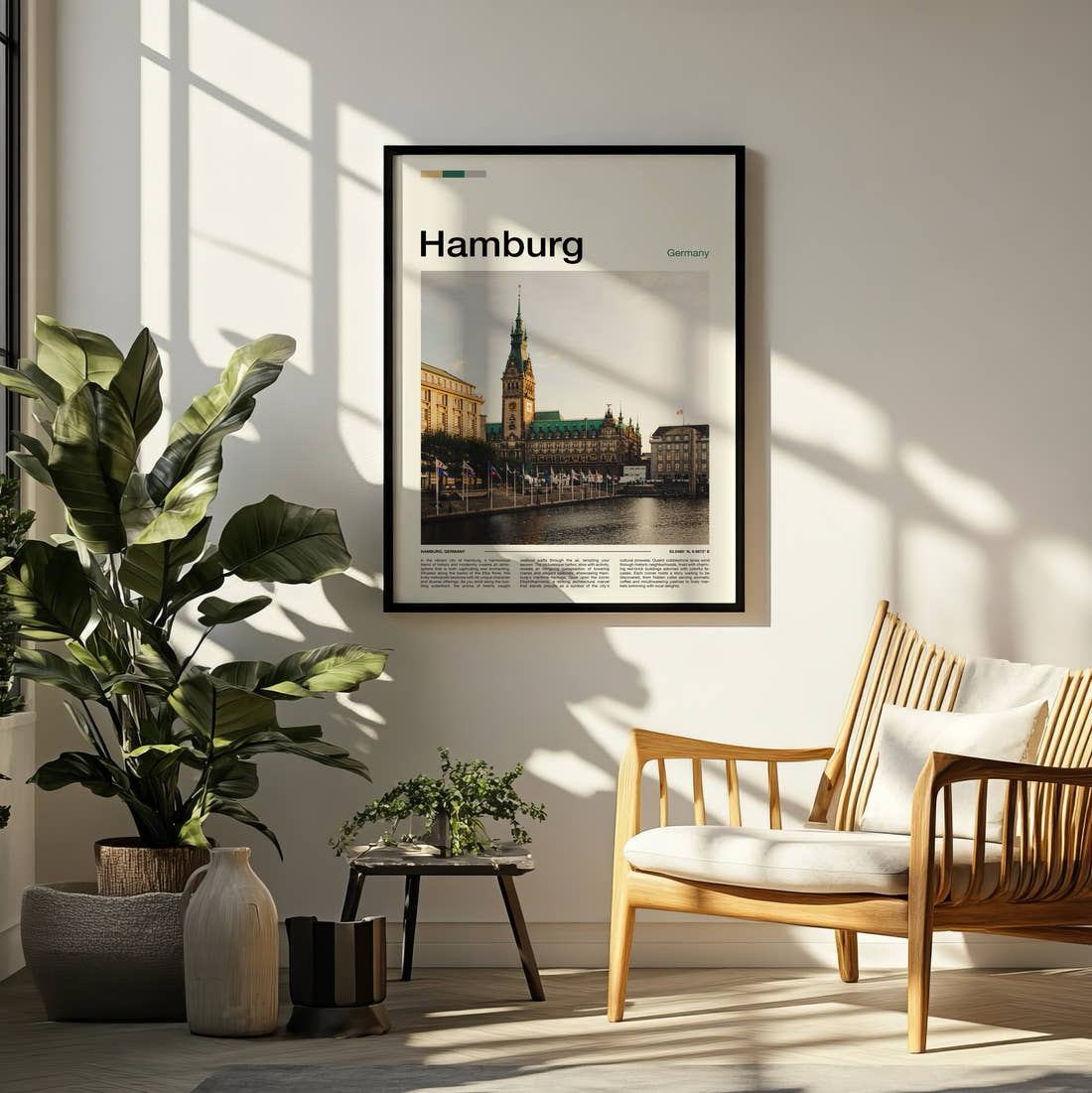 Hamburg Town Hall Travel Print framed on a pale wall beside houseplants