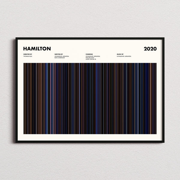 Hamilton Movie Barcode Poster framed and photographed straight on