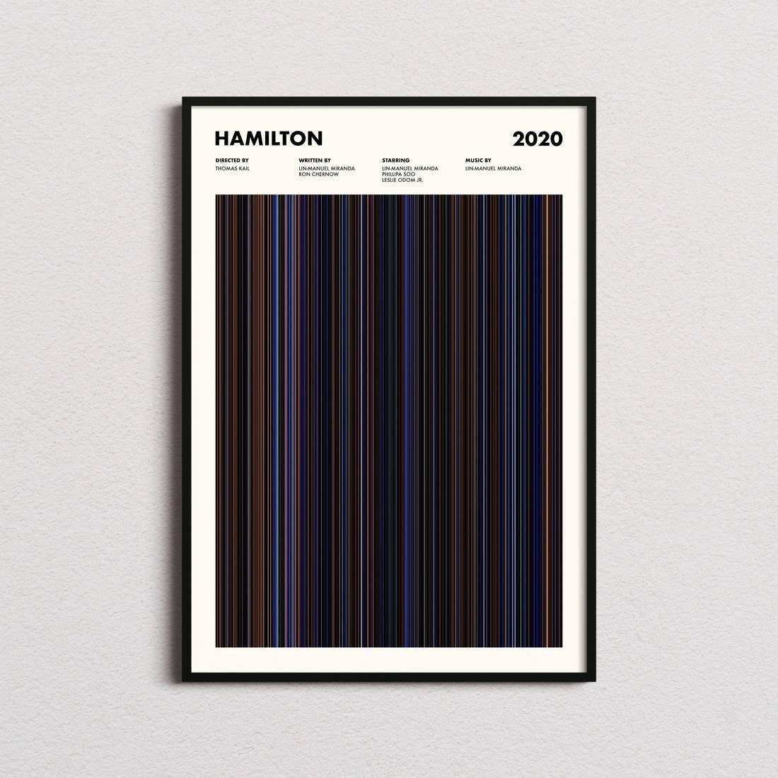 Hamilton Movie Barcode Poster framed on a plain studio wall