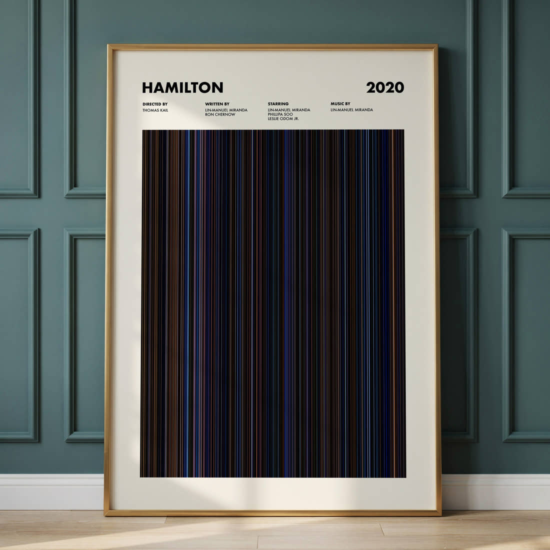 Hamilton Movie Barcode Poster framed and leaning against a panelled wall