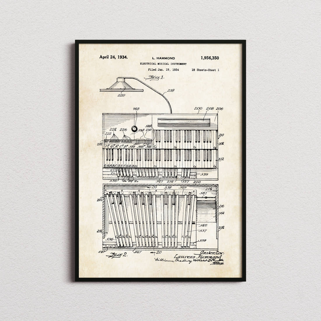 Hammond B3 Organ Patent Print in the aged paper colourway, framed