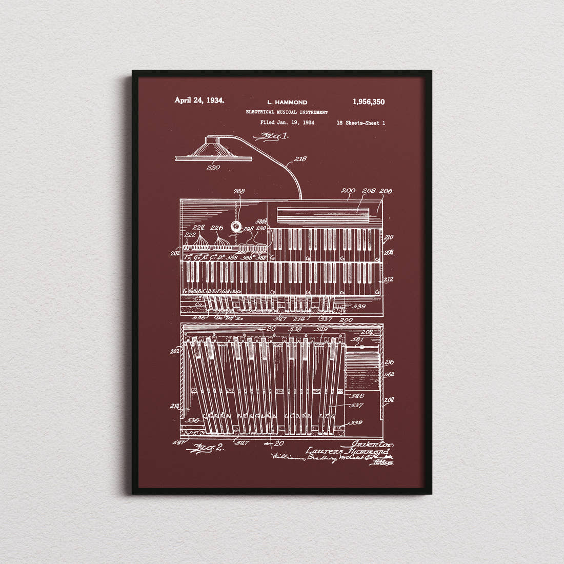 Hammond B3 Organ Patent Print in the burgundy colourway, framed