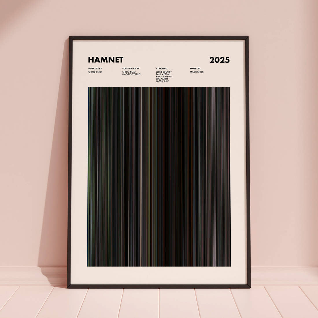 Hamnet Movie Barcode Poster framed and leaning against a coloured wall