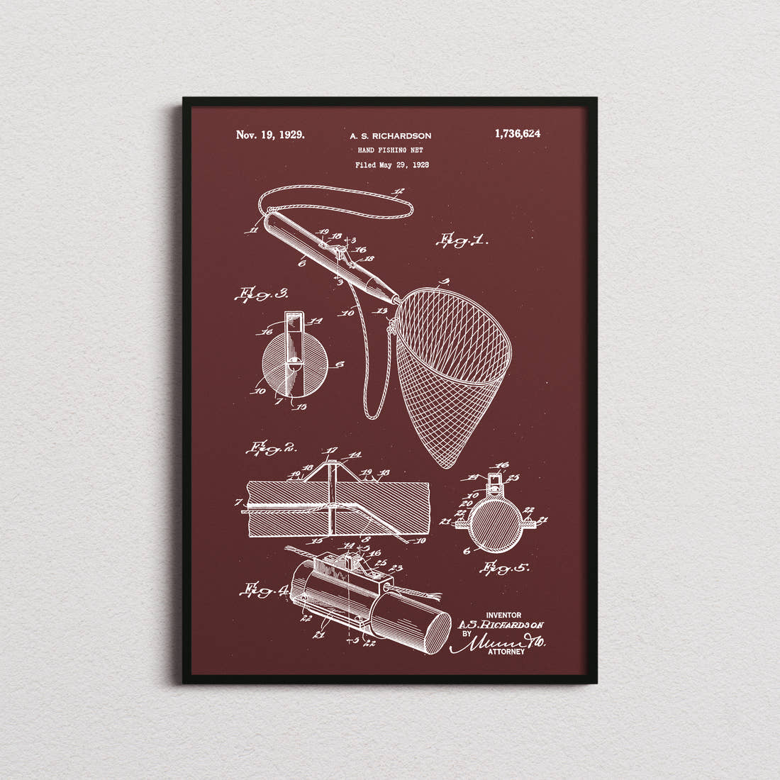 Hand Fishing Net Patent Print in the burgundy colourway, framed