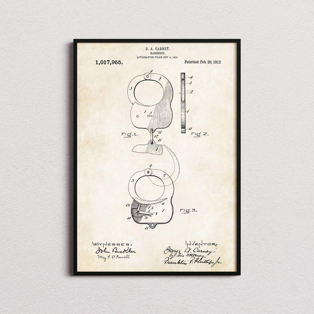 Handcuffs Patent Print in the aged paper colourway, framed
