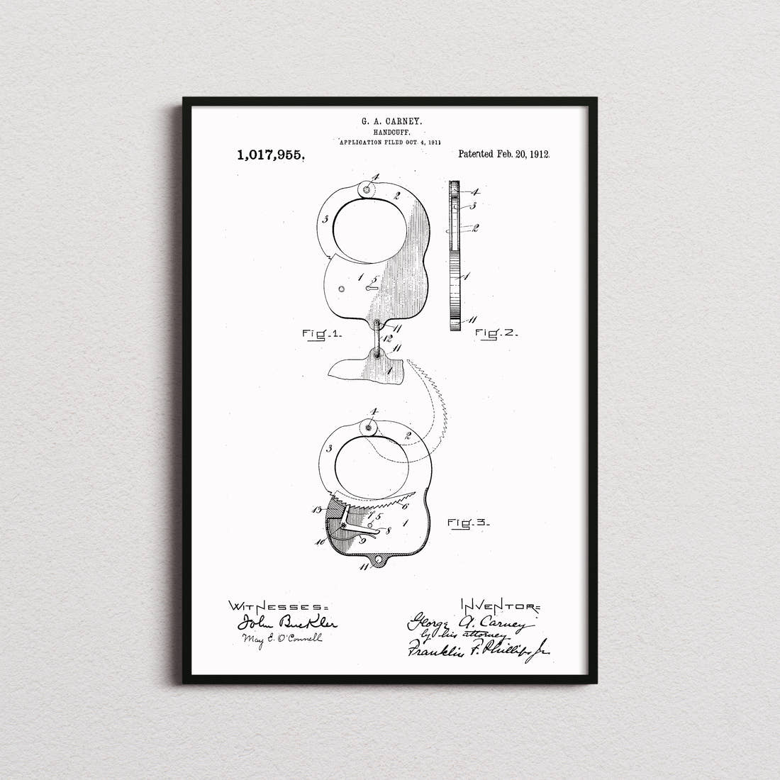 Handcuffs Patent Print in the white colourway, framed