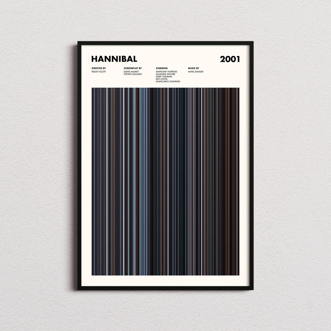 Hannibal Movie Barcode Poster framed on a plain studio wall