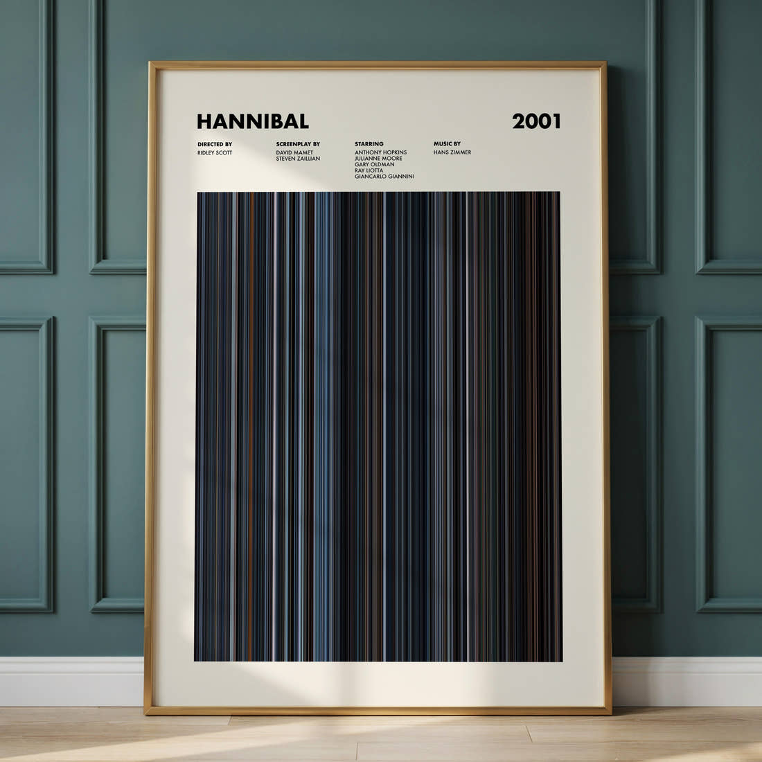 Hannibal Movie Barcode Poster framed and leaning against a panelled wall