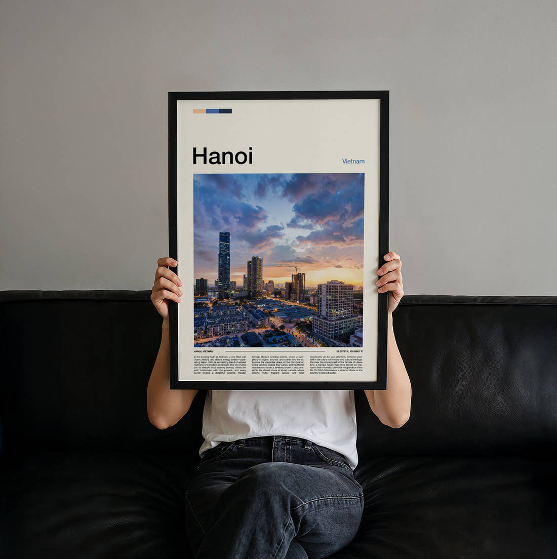 Hanoi Skyline At Dusk Travel Print held up by hand to show the size of the print