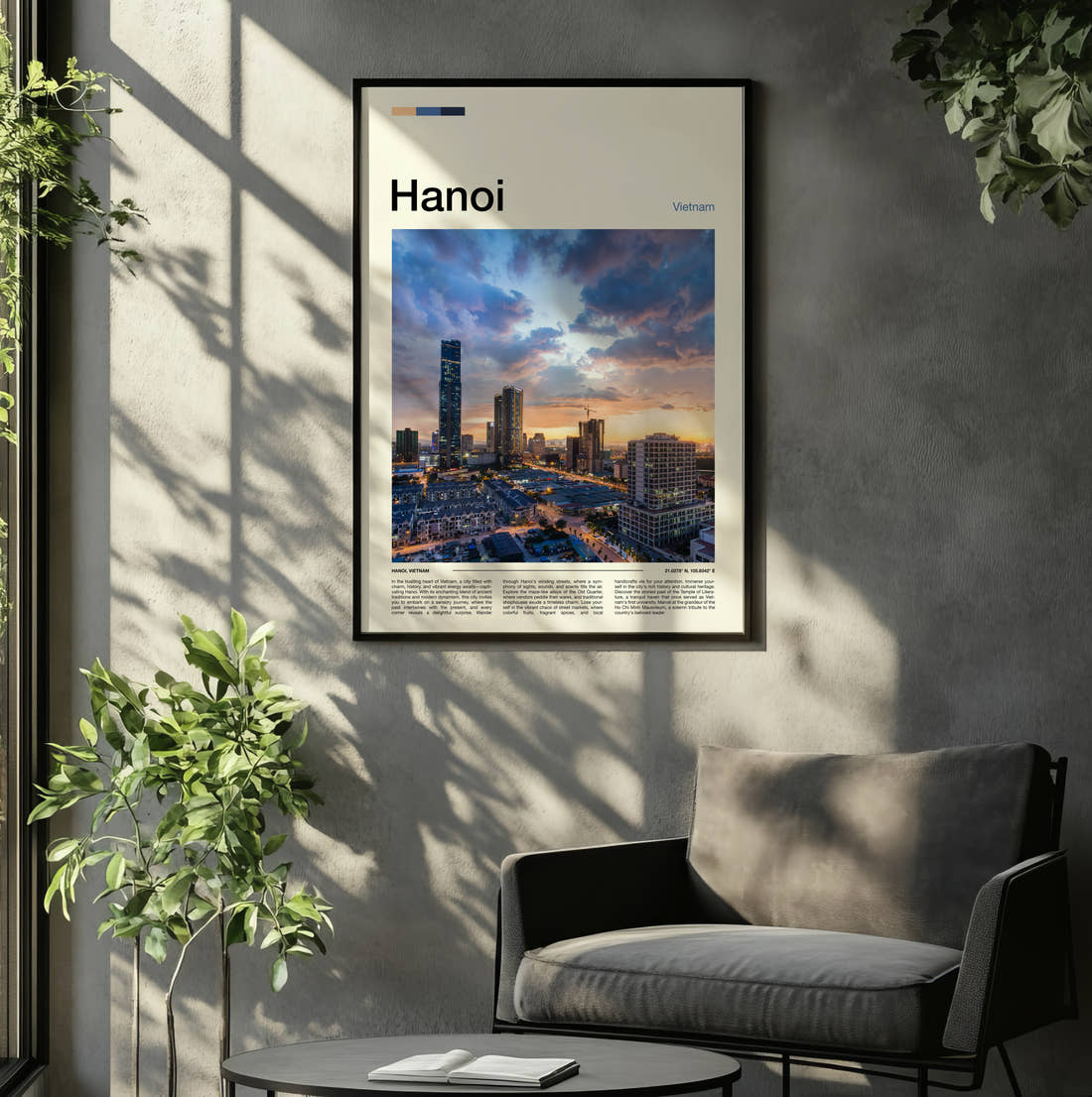 Hanoi Skyline At Dusk Travel Print framed on the wall of a relaxed living room