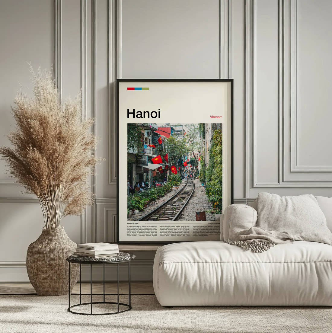 Hanoi Train Street Travel Print framed on the wall of a calm, neutral bedroom