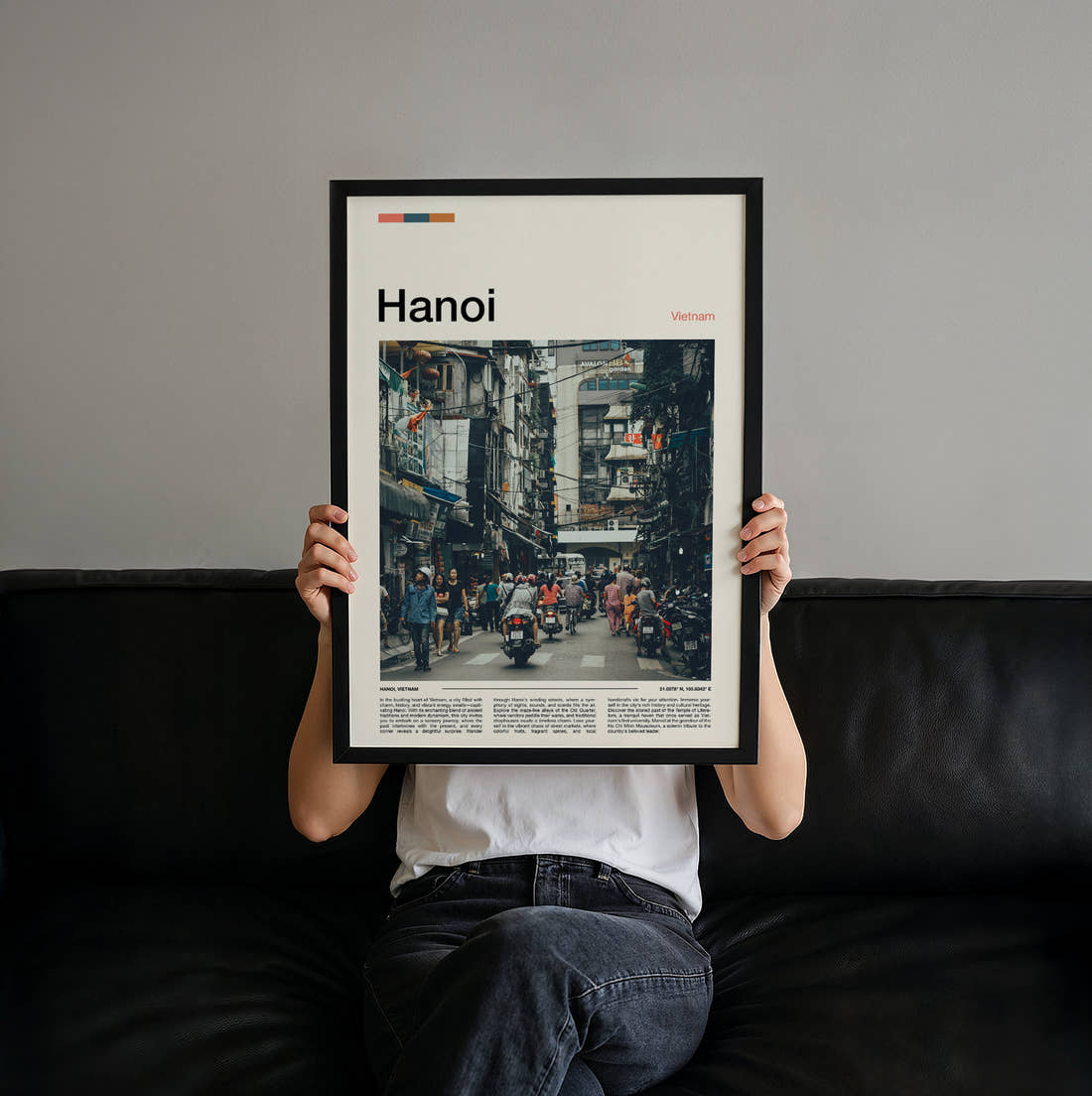 Hanoi Busy Street Traffic Travel Print held up by hand to show the size of the print