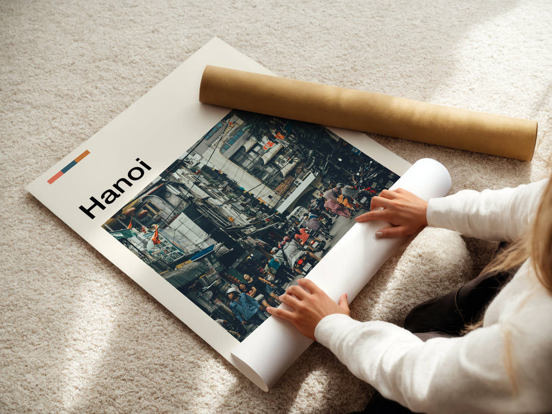 Hanoi Busy Street Traffic Travel Print being unrolled from its postal tube