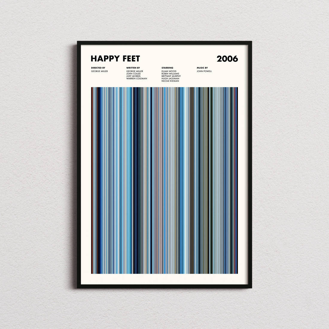 Happy Feet Movie Barcode Poster framed on a plain studio wall