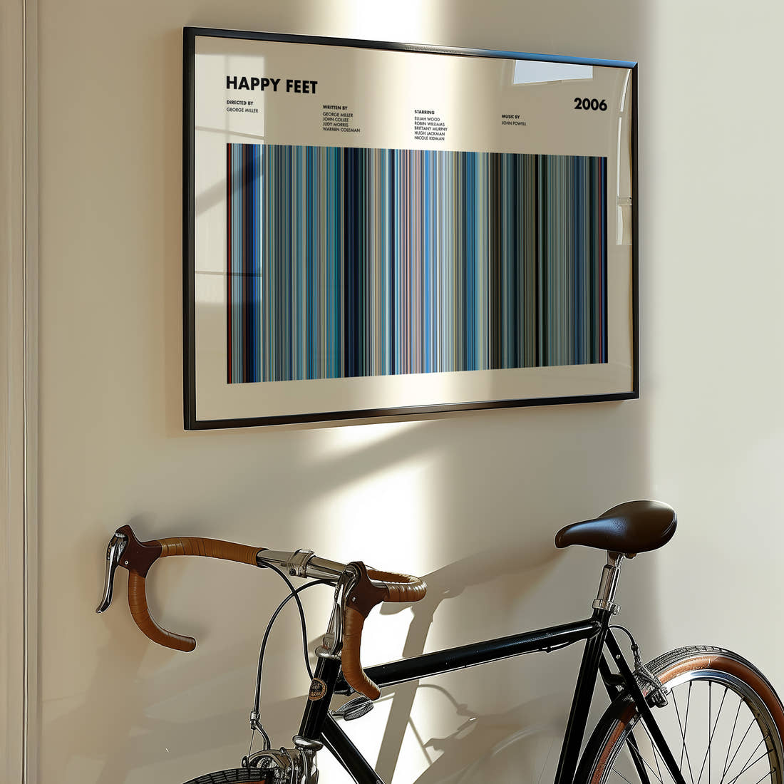 Happy Feet Movie Barcode Poster framed on the wall of a styled room setting