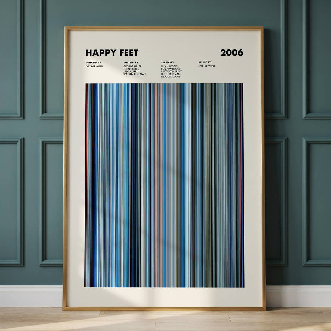 Happy Feet Movie Barcode Poster framed and leaning against a panelled wall