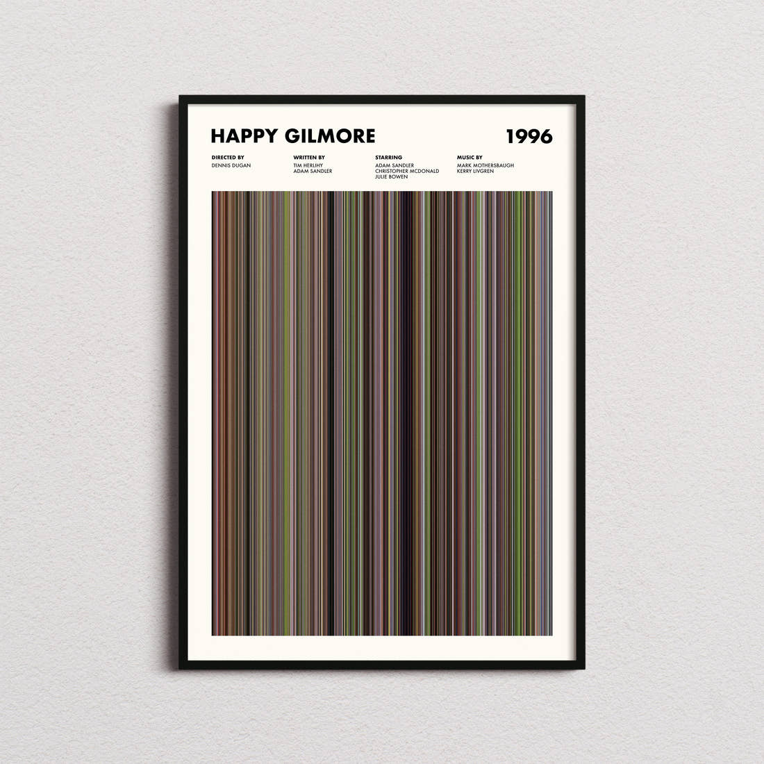 Happy Gilmore Movie Barcode Poster framed on a plain studio wall