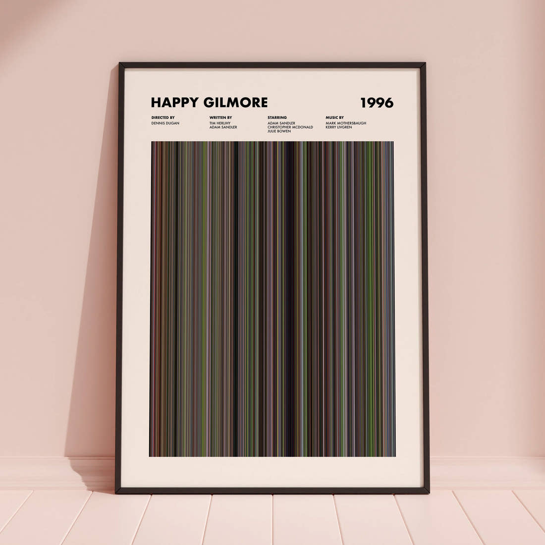 Happy Gilmore Movie Barcode Poster framed and leaning against a coloured wall